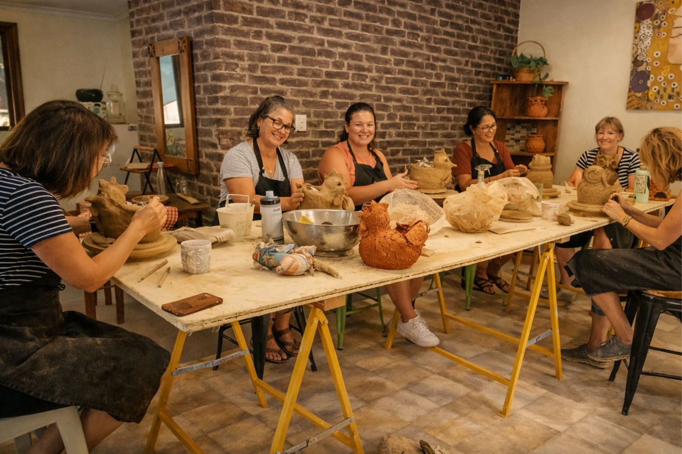 A picture of Paula and workshop attendees during Pottery workshop in Toodyay, people are having fun and chatting. They are having clam and relaxed time.